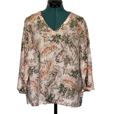 J Jill 衬衫女式小号粉色绿色爱情亚麻棕榈印花 100% 亚麻 — 第 1/4 张图片