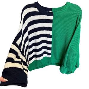 Suéter JS71 Colorblock Rayas Tejido Cuello Redondo Azul Marino Verde Talla M/L - Imagen 1 de 10