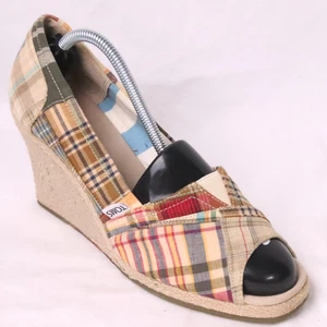 Toms Wedge Heels Womens 8.5US 39.5EU Plaid Quilt Block Multicolor Woven Peep Toe - Picture 1 of 15