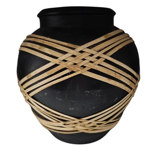 Vintage Black Clay Pot Vase w/ Woven Bamboo Wrap Rustic Boho Decor 3.25" Opening - Picture 1 of 7
