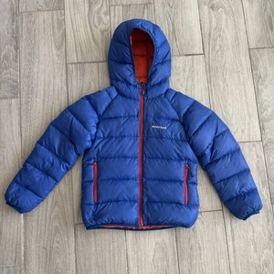Mont-Bell Neige Hooded Down Parka Jacket Full Zip Kids' Blue Orange Size 140 - Picture 1 of 13