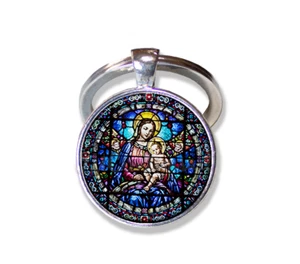 Virgin Mary Jesus Christian Faux Stained Glass - Handmade Glass Pendant KEY RING - Picture 1 of 7
