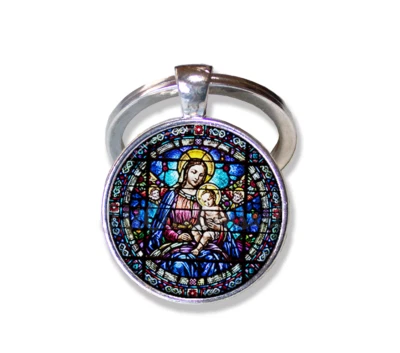 Virgen María Jesús Cristiano Imitación Vitral - Colgante Vidrio Hecho a Mano LLAVERO Foto 1 de 3