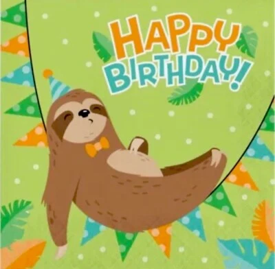 Sloth Party Happy Birthday Lunch Napkins Paper 16 Pack Sloth Supplies Tableware - Image 1 of 2