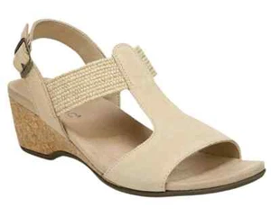 NEW Vionic Women's Kaytie Suede Wedge Sandals Buckle Strap Beige 8 Open Toe - Picture 1 of 20