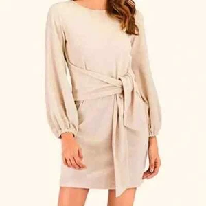 R. VIVIMOS Kleid mit Bindegürtel und Laternärmeln beige hellbraun über dem Knie NEU mit Etikett - Bild 1 von 7