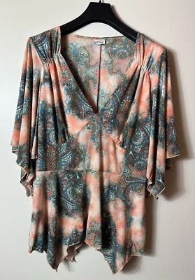 KOI Shirt Womens 1X Pink Multicolor Tunic Retro Paisley Plunge Boho Chic Coastal - Image 1 of 4