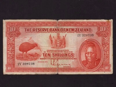 New Zealand:P-154, 10 Shillings, 1934 * Kiwi & Maori King Tawhiao * F+ * - Image 1 of 2