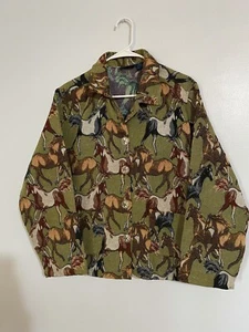 Jane Ashley Large Jacket Horse Tapestry Button Up Green A35 - Picture 1 of 9