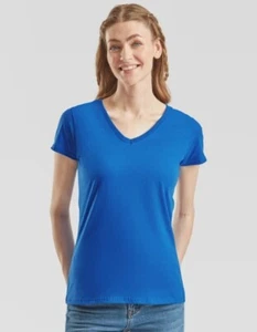 Frauen T-Shirt Fruit of the Loom, V-Ausschnitt, 100% Baumwolle, blau, Größe M - Picture 1 of 1