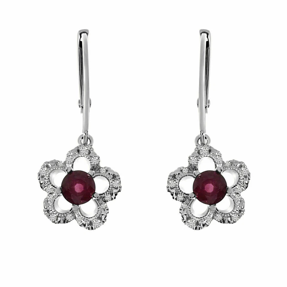 Natural Ruby and Diamond Flower Leverback Earrings in 14k White Gold L981 - Image 1 of 3