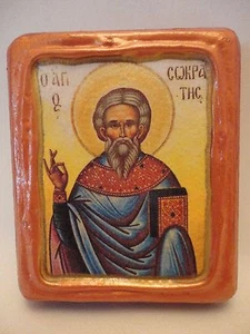 Saint Socrates Sokratis Greek Orthodox Byzantine Rose Gold Prayer Icon on Wood - Picture 1 of 9