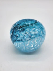 Studio S Glass Works Art Glass Paperweight Blue & White Spatter Bubbles Signed - Picture 1 of 12