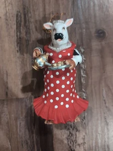 Cow in a RED DRESS ORNAMENT drinking tea/coffee - Picture 1 of 4