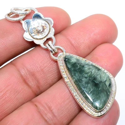 Colgante de joyería de plata de ley 925 con piedras preciosas de serafinita rusa 2,6" T58 Foto 1 de 4