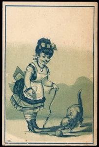 Carta commerciale vittoriana RAGAZZA CHE GIOCA CON IL GATTO, ca. 1880 - Foto 1 di 2