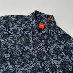 BOSS Hugo Boss Men Black White Scroll Print Long Sleeve Button Down Shirt Size M - Picture 1 of 11