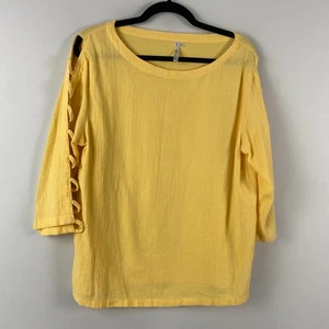 Lulu-B Blouse Size Medium Yellow Cotton 3/4 Cutout Sleeves Pullover - Picture 1 of 10