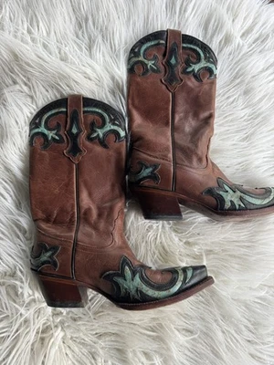 Botas Vaqueras Tony Lama Damas - Punta de Ala Negra y Turquesa, Estilo VF6016 Foto 1 de 4