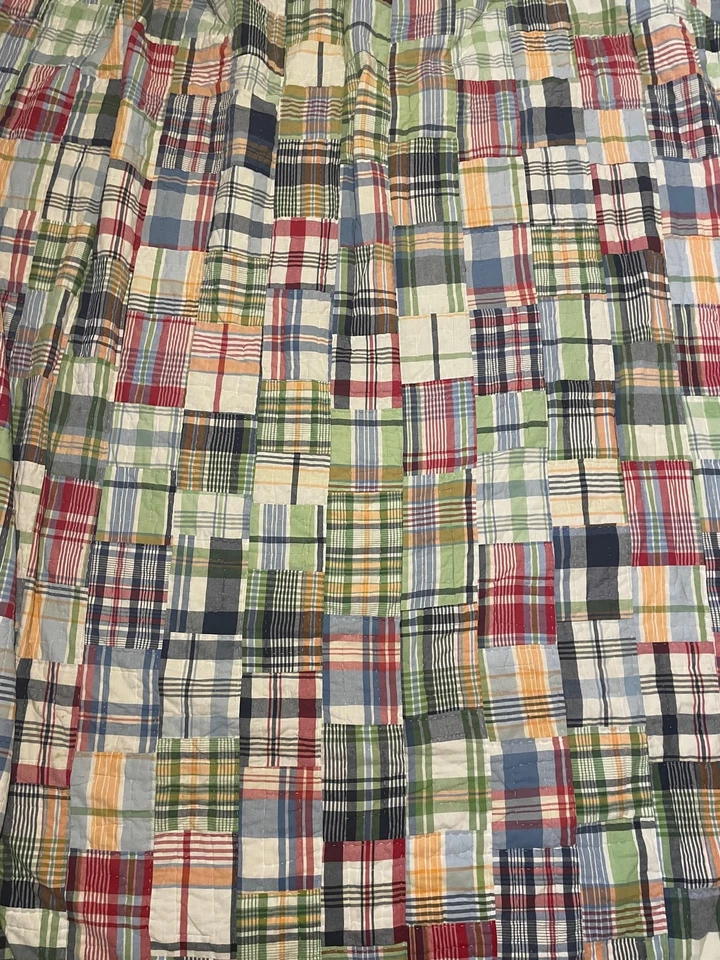 Pottery Barn Kids Madras Patchwork Quilt Blanket Plaid Multicolor Stitched FLAW - Image 1 of 4
