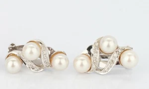 Beautiful Elegant 14K White Gold Diamond, Pearl Omega back Earrings 10.8g - Picture 1 of 12