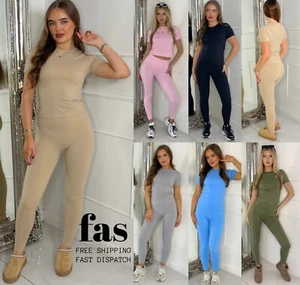 Women's Ribbed 2PCS Sculpt Short Sleeve Top & Leggings Co Ord Tracksuit Gym Set - Picture 1 of 24