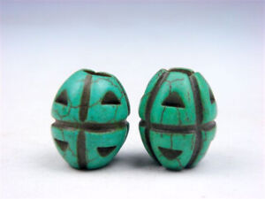 Pair Old Tibetan Turquoise Carved Grenade Shaped Little Beads #03012301