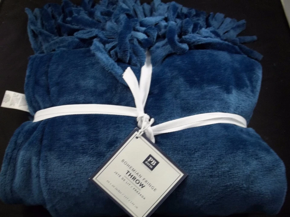 Pottery Barn Teen Dorm Bohemian Fringe Throw Blanket Navy Blue #9703C - Image 1 of 1