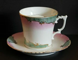BEAUTIFUL PORCELAIN MUSTACHE CUP MUG AND SAUCER PINK & GREEN WITH GILT - Picture 1 of 9