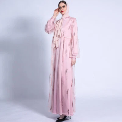 Cárdigan Ramadán Musulmán Manga Cuerno Corbata Vestido Lentejuelas Malla Exterior A Juego Foto 1 de 4