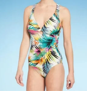Damen Tauchring Detail One Piece Badeanzug Schatten & Shore tropischer Druck S NEU - Bild 1 von 7
