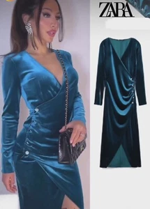 ZARA BLAU Samt Midi Langarm KLEID Small UK 8 NEU - Bild 1 von 24