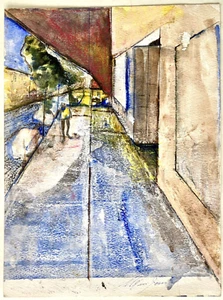 80s Modernist Abstract Painting Surreal Man Cityscape Urban Architecture 12" Art - Picture 1 of 5