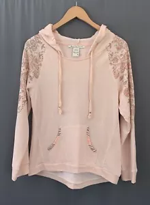 Felpa con cappuccio Y2K American Rag Cie taglia large rosa pesca paillettes floreali pullover leggero - Foto 1 di 15