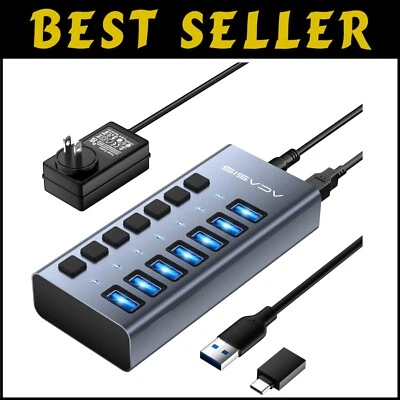 Powered USB 3.1 Hub: 7 High-Speed Ports with Switches for Safe Charging Needs - Image 1 of 4