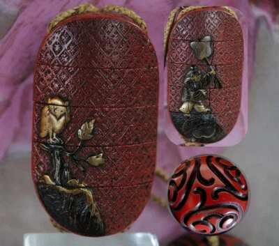 Atribuido Hanzan Inro Netsuke Ojime Tsuishu Cinnebar Laca Oro Japón EDO 18c Foto 1 de 4