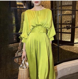 elegant and classy round neck, long sleeve women's green dress - Picture 1 of 6