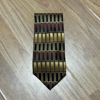 Valerio Garati Men's Silk Neck Tie Geometric Gold Yellow Black Maroon Wide 4x58” - Image 1 of 4