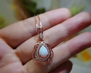 Natural Fire Opal 2Ct Pear Cut Teardrop Pendant 14K Rose Gold Plated 18"Chain - Picture 1 of 8