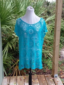 Top túnica de ganchillo Cato talla XL azul algodón transparente boho hadas hippie festival - Imagen 1 de 10