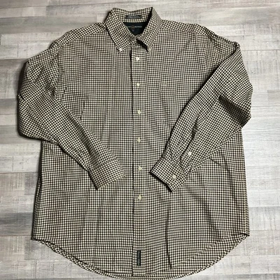 Camisa masculina Tommy Hilfiger manga longa com botões tamanho G preta e bege xadrez - Imagem 1 de 4
