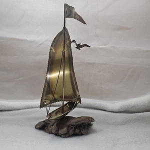 Vintage Sail Boat Brass Copper Metal Wood Set Coastal MCM Art - Picture 1 of 7