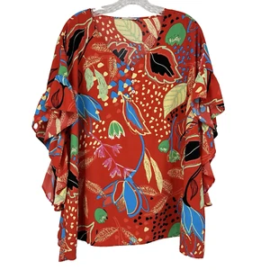 Easel Red Floral Ruffle Sleeve Blouse Colorful Size Large Lightweight Flowy Work - Picture 1 of 5