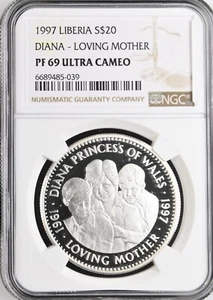 1997 LIBERIA SILVER 20 DOLLARS DIANA - LOVING MOTHER - NGC PF 69 ULTRA CAMEO - Picture 1 of 2