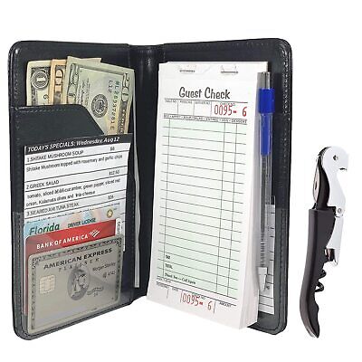 Server Book Waitress Wallet Organizer – BLACK 7 Pocket Bundle With WINE OPENER • 10.99$