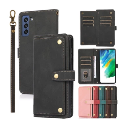 Cartões Luxo Capa de Couro Flip Carteira com Alça Bolsa de Telefone Para Samsung S21 FE 5G - Imagem 1 de 4
