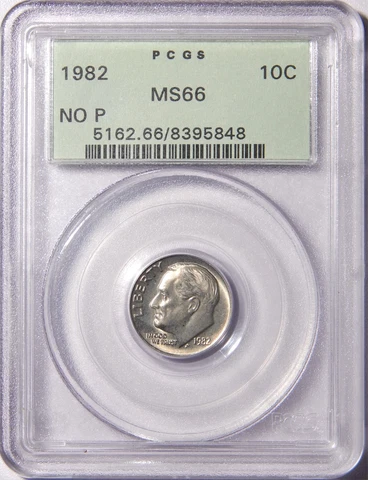1982 No P Roosevelt Dime PCGS MS-66 Old Green Holder Strong Cover