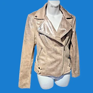TAN FAUX SUEDE MOTO JACKET silver foil coated microfiber biker bomber top XS 4A - Picture 1 of 10