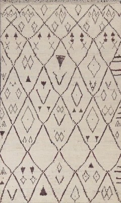 Alfombra oriental marfil geométrica marroquí lana anudada a mano 5x9 pies decoración del hogar Foto 1 de 4