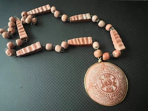 Vintage 24” Necklace Stone Beads w/ Large Round Pendant Face Carving - Picture 1 of 6